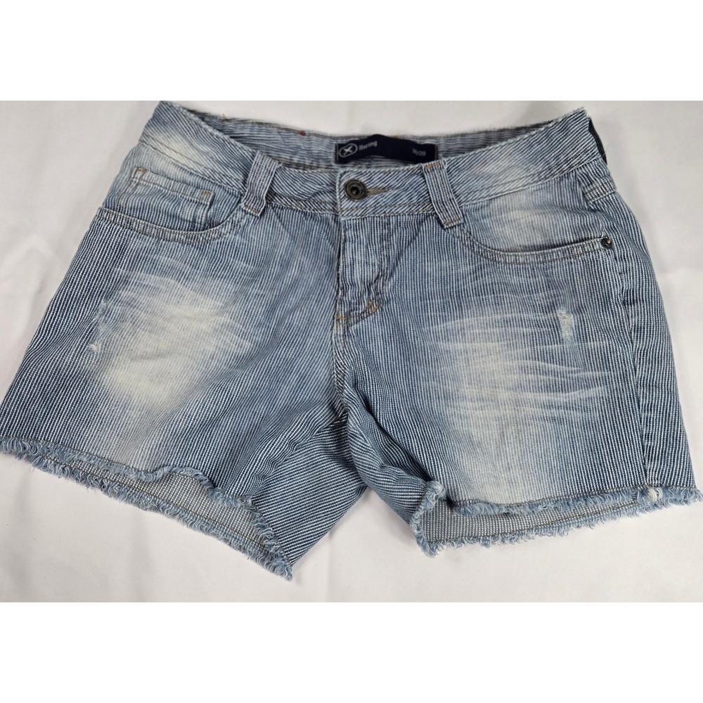 Hering Denim Shorts Frayed Hem Blue Striped Summer Size 28 90's Beach Grunge